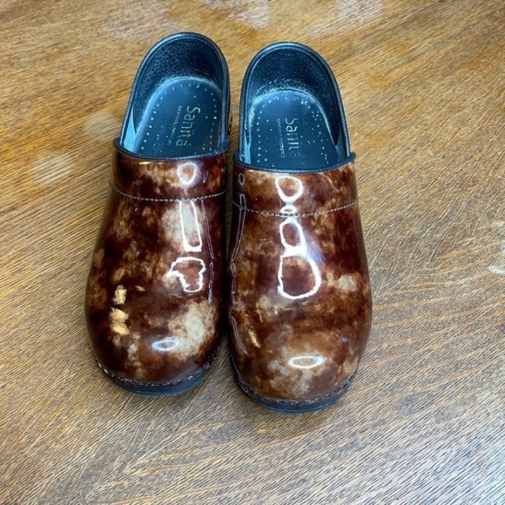 Sanita Patent Leather Brown and Tan Clogs Size 36